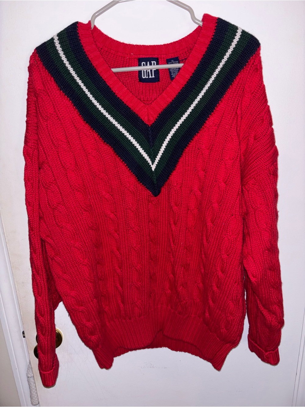 90’s GAP Red Cable-Knit V-Neck Sweater with Green, Navy & White Trim